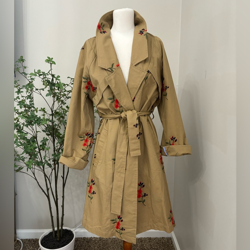 NWOT Anthropologie Cartonnier Trench Coat with Floral Embroidery